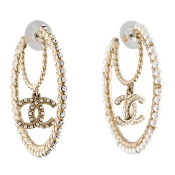 Chanel 2020 Crystal & Faux Pearl Mismatch Hoop Earrings - Picture 1 of 13
